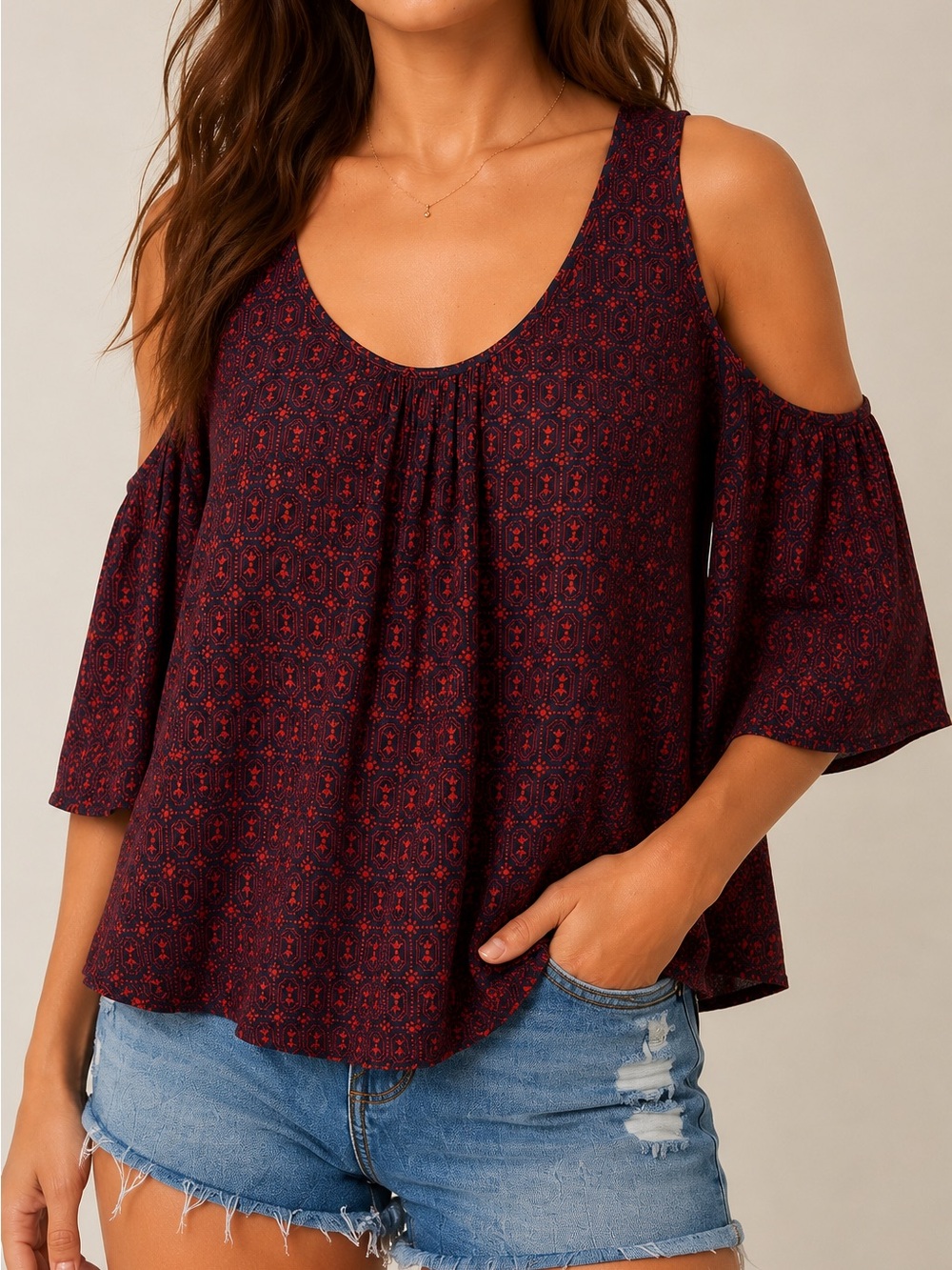 Boho Cold Shoulder Rayon Top Bell Sleeve Geometric Print Flowy Navy Rust Small S